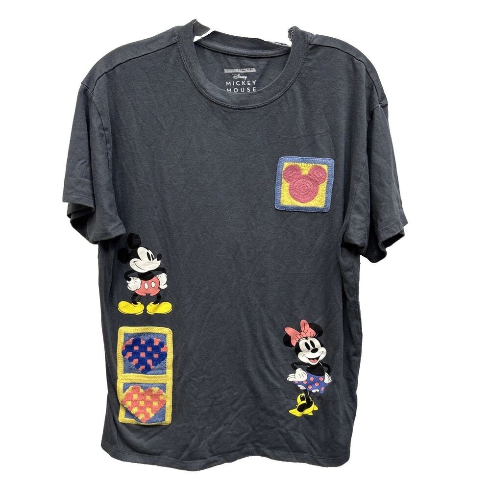 Disney Mickey & Minnie Mouse Graphic T Shirt L Vintage Style Patchwork Gray